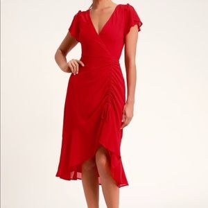 NWT Lulu’s Red Ruched High Low Midi Dress